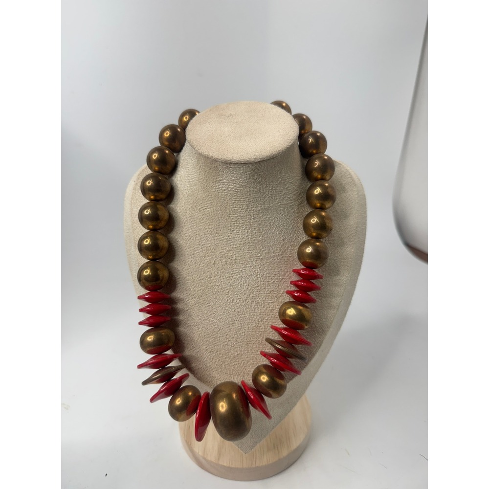 Vintage Chunky Bronze Tone Red Disc Statement Necklace Barrel Clasp 19 Inch